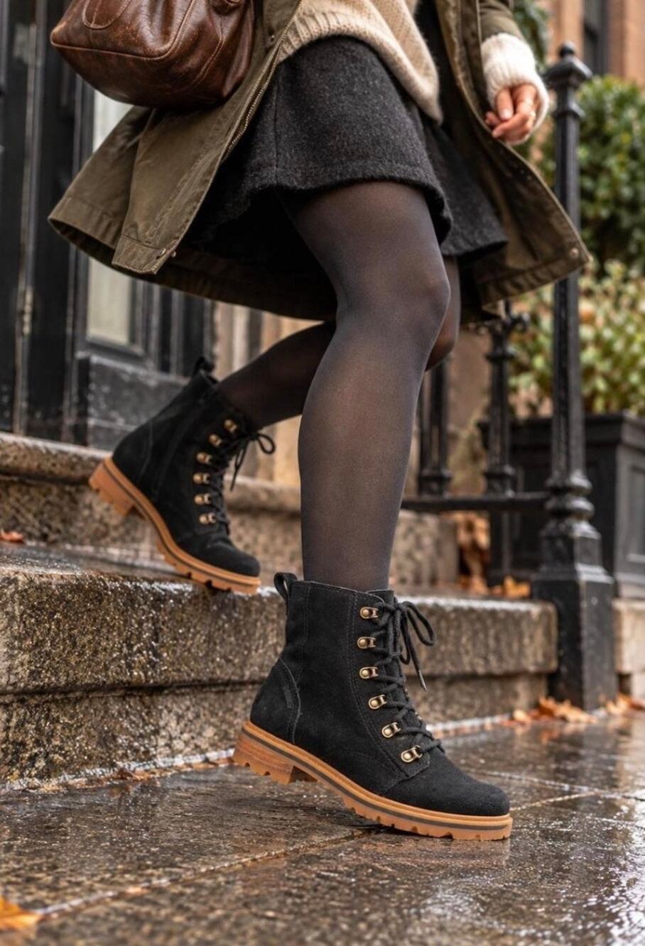 Sorel Lennox Lace Waterproof Black Suede Gum Sole Combat Boots Women’s 8.5